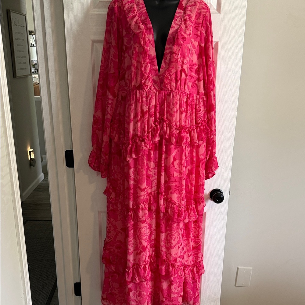 Boohoo Hot Pink Floral Ruffle Maxi Dress